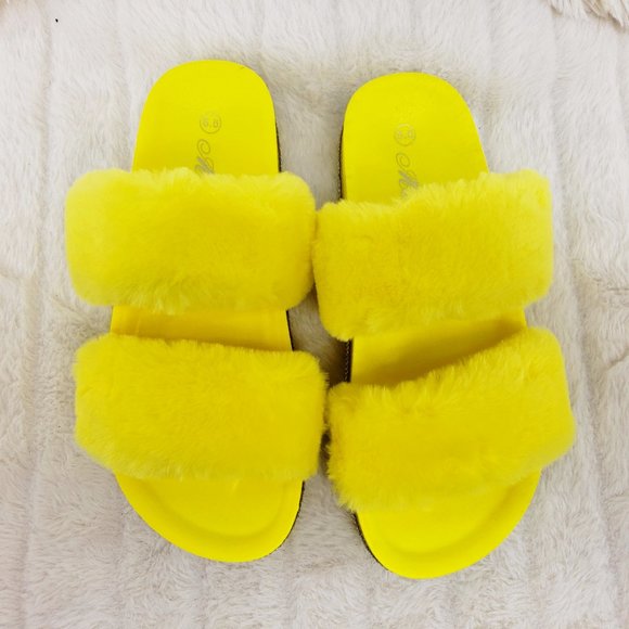 Fur Baby Yellow Soft Furry Double Band Slip on Rhinestone Trim Sandals Slippers - Picture 10 of 14